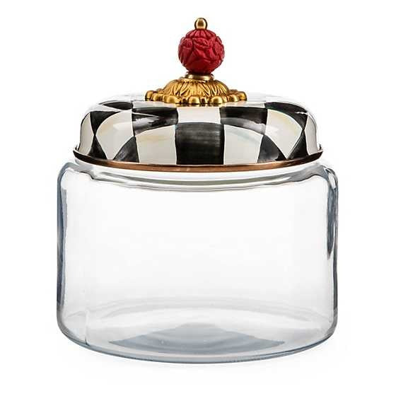 Small Courtly Check glass canister with bronzed stainless steel lid featuring faux cinnabar and brass accents.