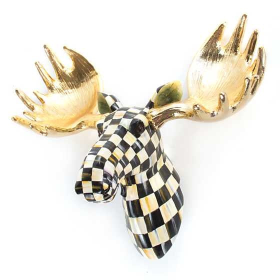 Hand-painted polyresin Courtly Check small moose head with leaf-green ears and sun-gold antlers in a checkered pattern.