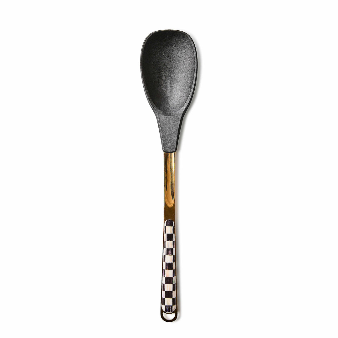 Bronzed stainless steel spoon with signature check pattern handle and silicone-coated head
