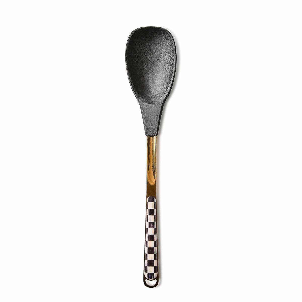 Bronzed stainless steel spoon with signature check pattern handle and silicone-coated head