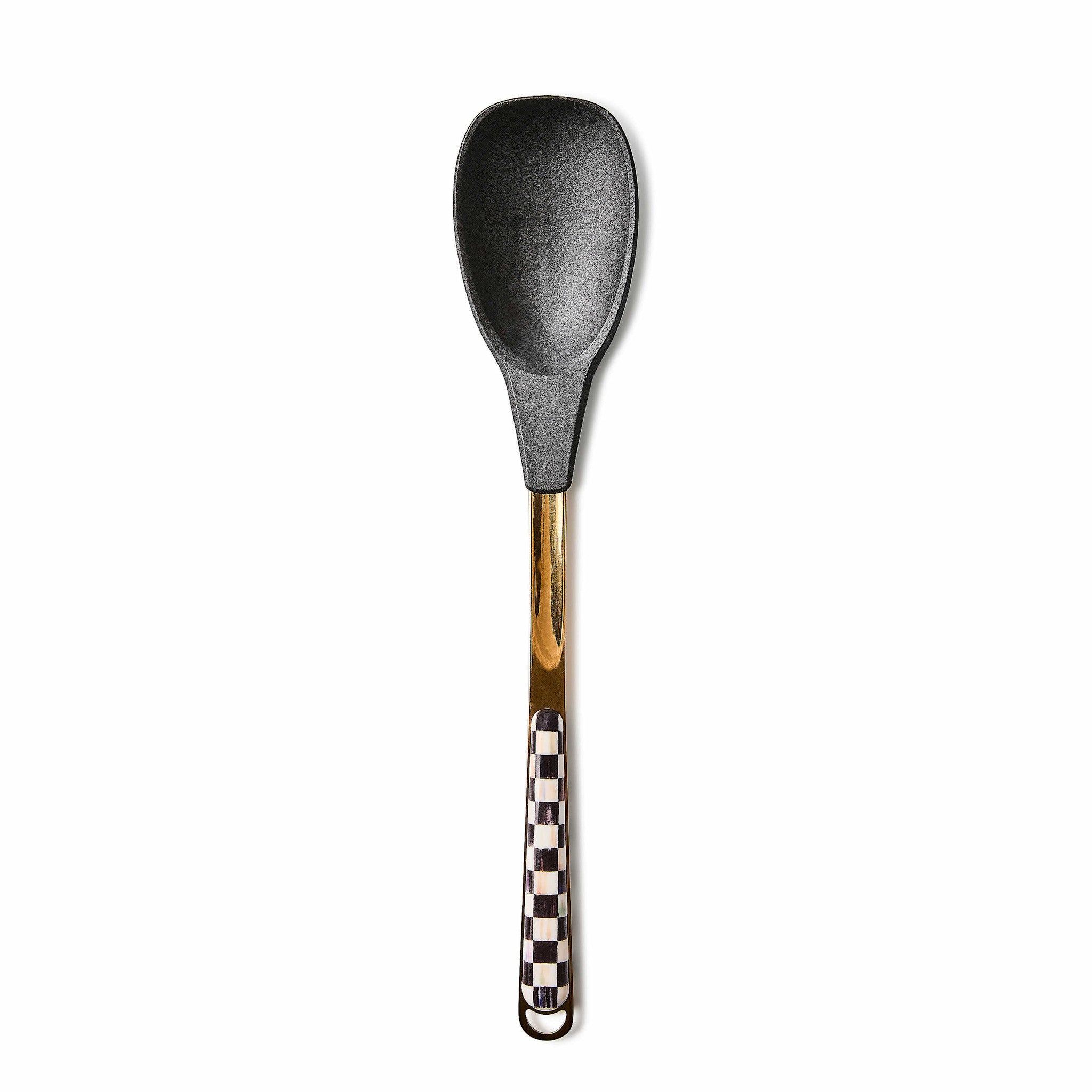 Bronzed stainless steel spoon with signature check pattern handle and silicone-coated head
