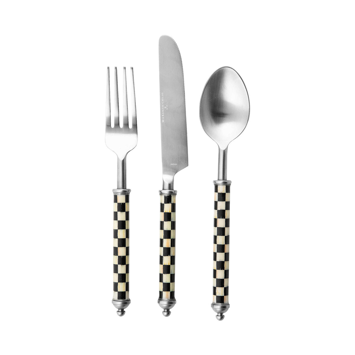 Courtly Check stainless steel place setting with clear enamel handles featuring signature check pattern