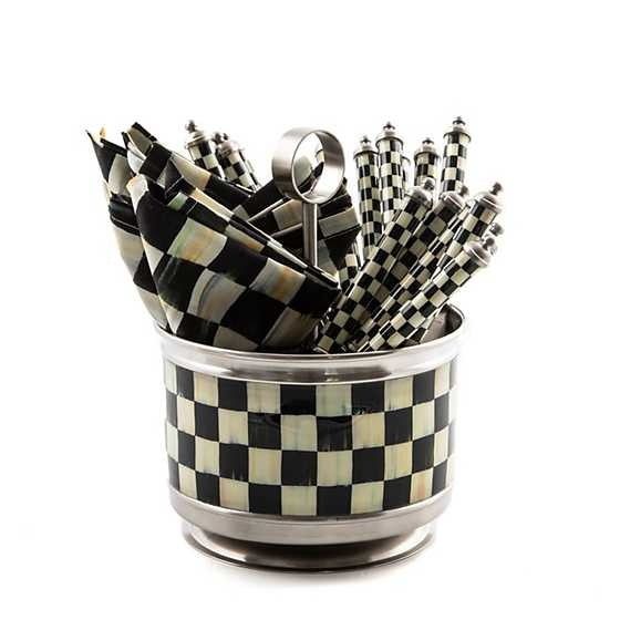 Stainless steel flatware caddy with Courtly Check enamel pattern in four compartments