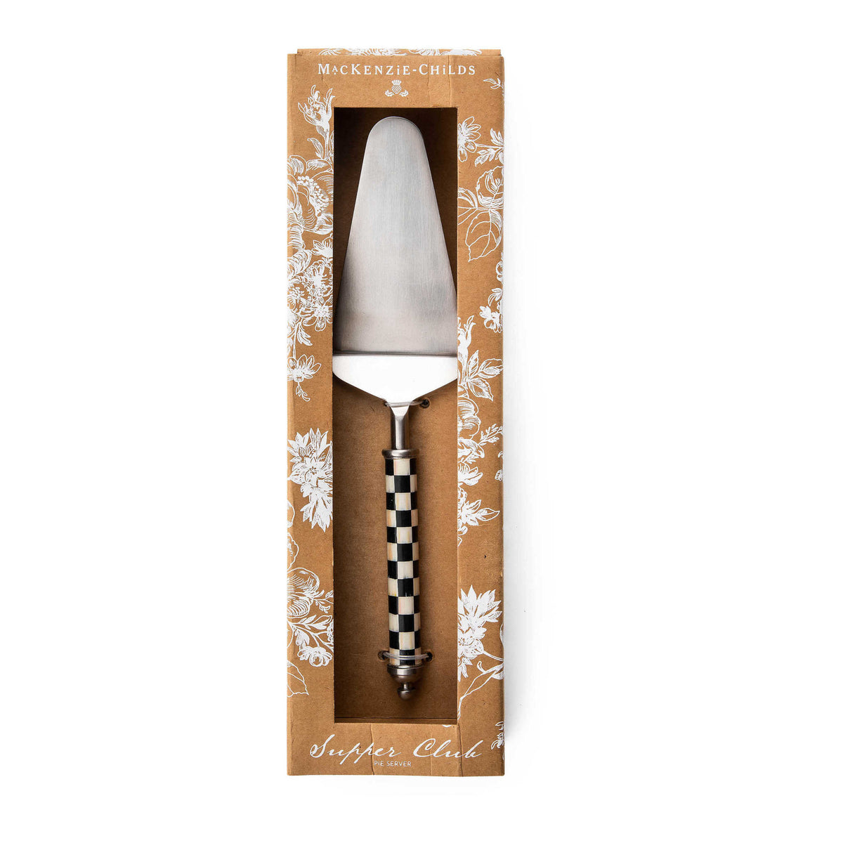 Courtly Check pie server with clear enamel coating on stainless steel featuring a checkered pattern.