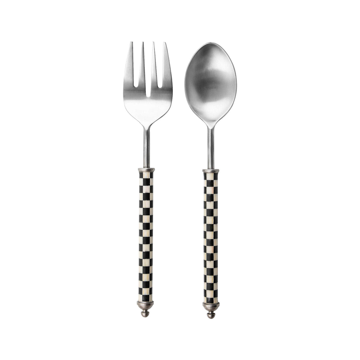 Stainless steel salad serving set with clear enamel handles featuring a red-and-white checkered pattern.