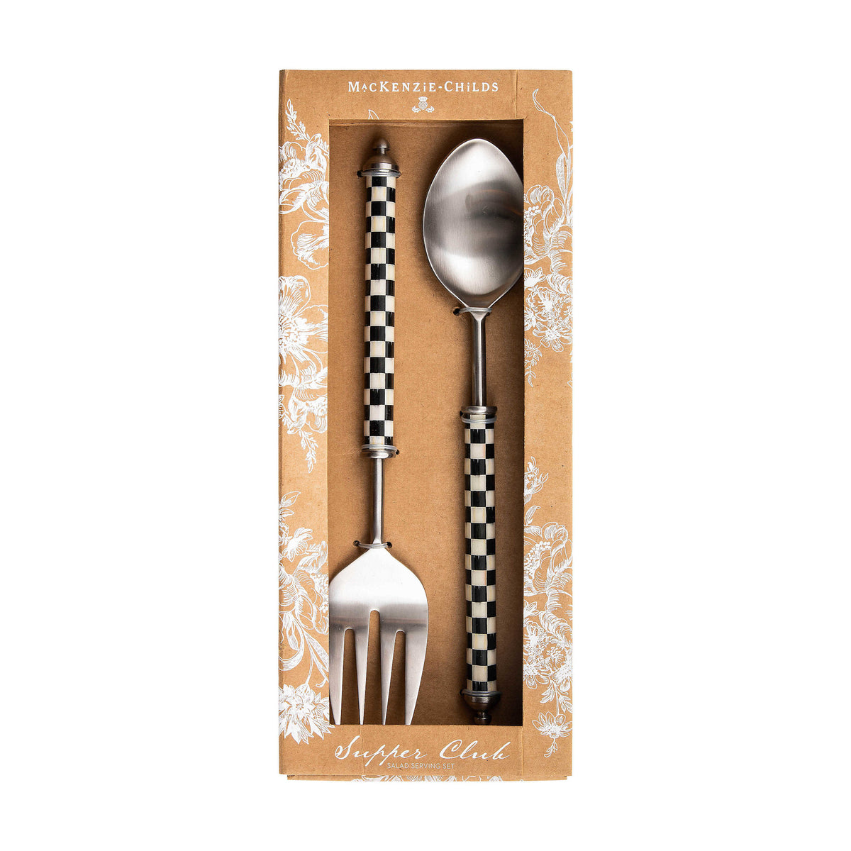 Stainless steel salad serving set with clear enamel handles featuring a red checkered pattern.