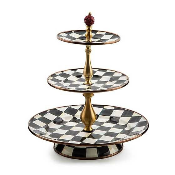 Three-tier enamel sweet stand with Courtly Check pattern in blue and white on bronzed steel rim.