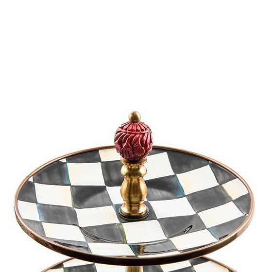 Three-tier enamel sweet stand in Courtly Check blue with bronze rimmed steel tiers and carved knob.
