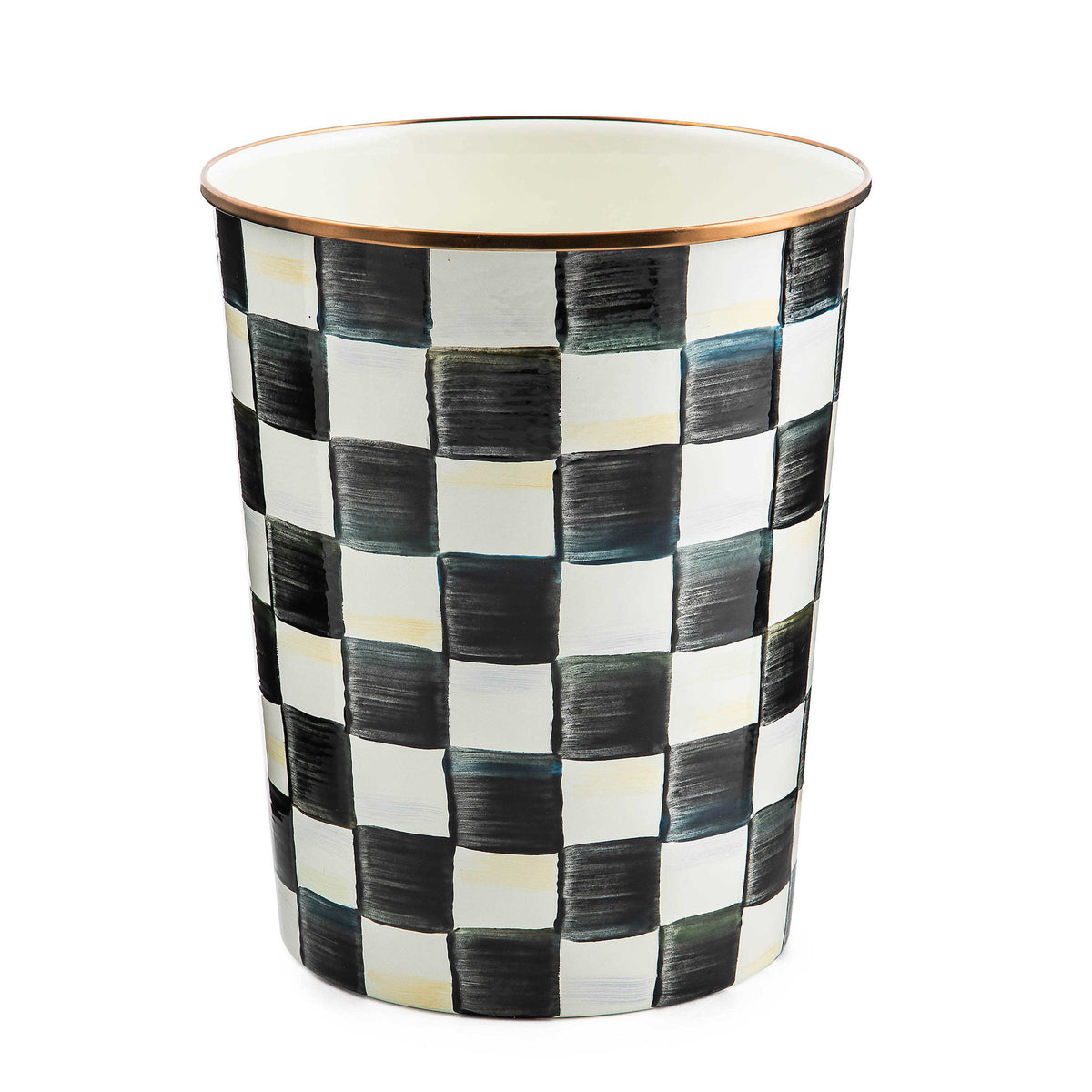 Hand-glazed steel waste bin with Courtly Check floral pattern in blue tones and bronzed stainless steel rim.