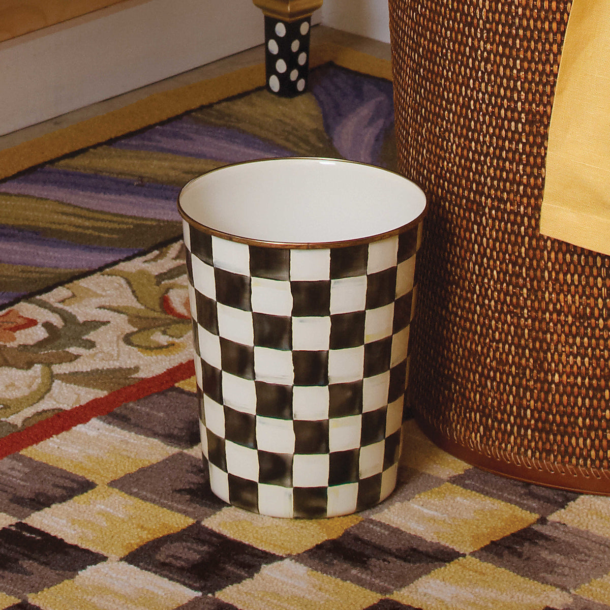 Hand-glazed steel waste bin with Courtly Check enamel pattern and bronzed stainless rim