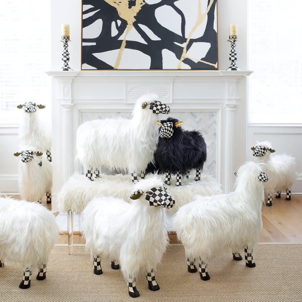 Large Courtly Check white resin sheep figurine with a checkered pattern on its wool and standing silhouette.