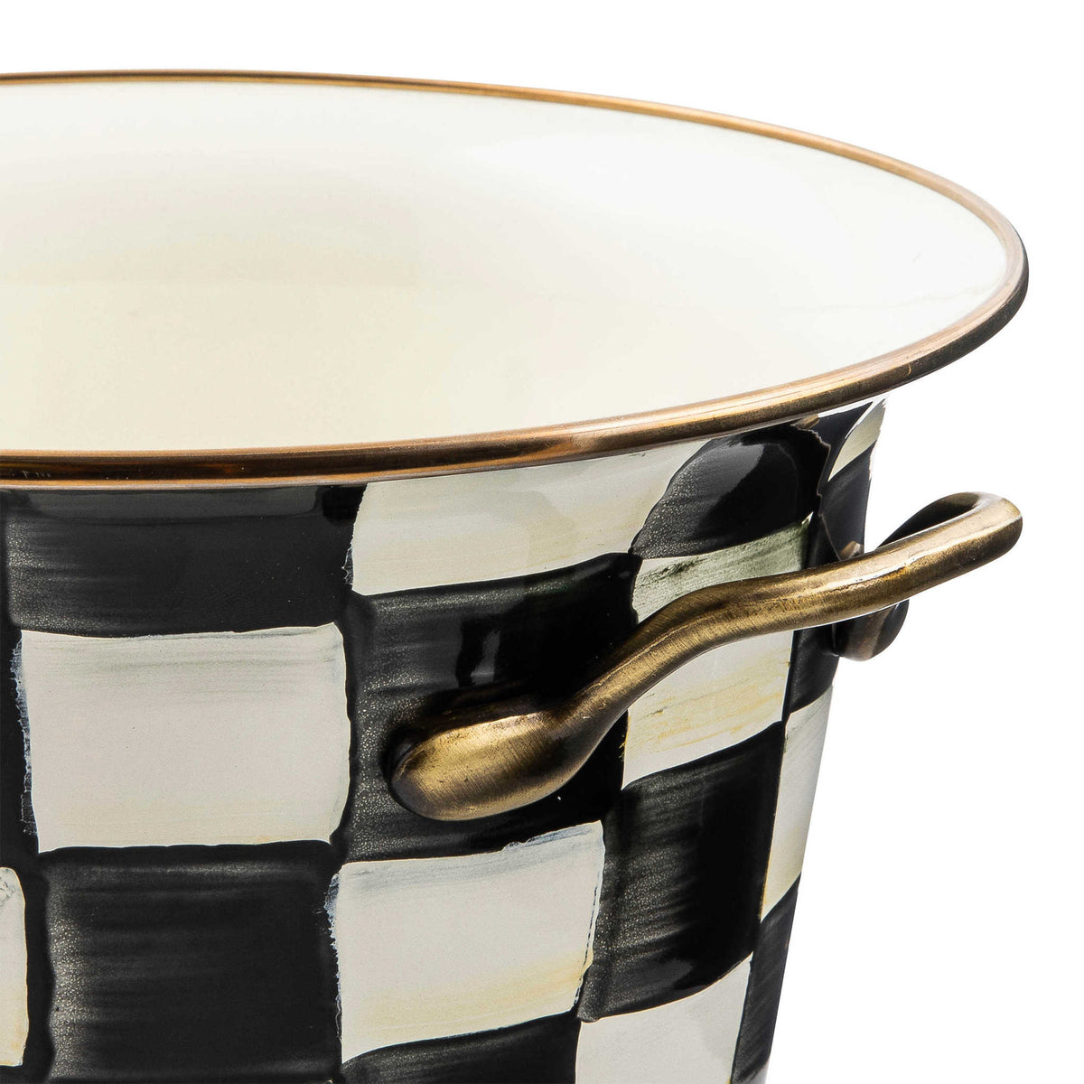 Hand-glazed steel wine cooler with Courtly Check enamel pattern, bronzed stainless rim, and antiqued brass handles.