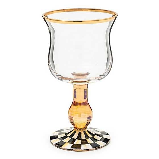 Hand-painted Courtly Check wine glass with amber lustre stem and gold trim
