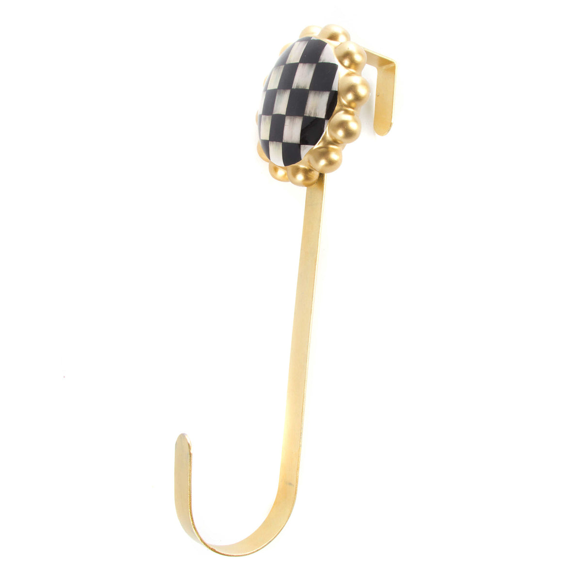 Polyresin courtly check wreath hanger with a black-and-white gingham pattern and curved silhouette.