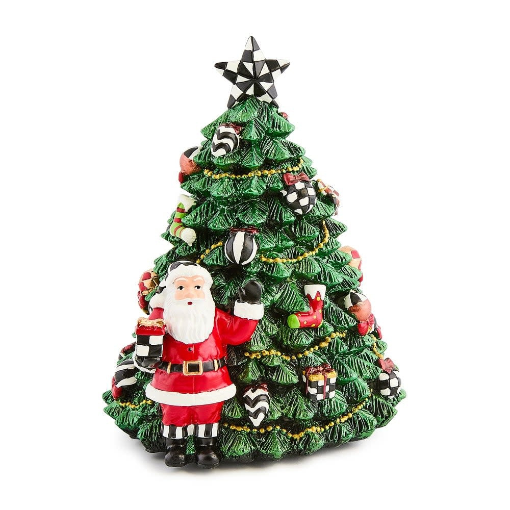 Resin rotating music box featuring a green Christmas tree with red ornaments on a cream background.