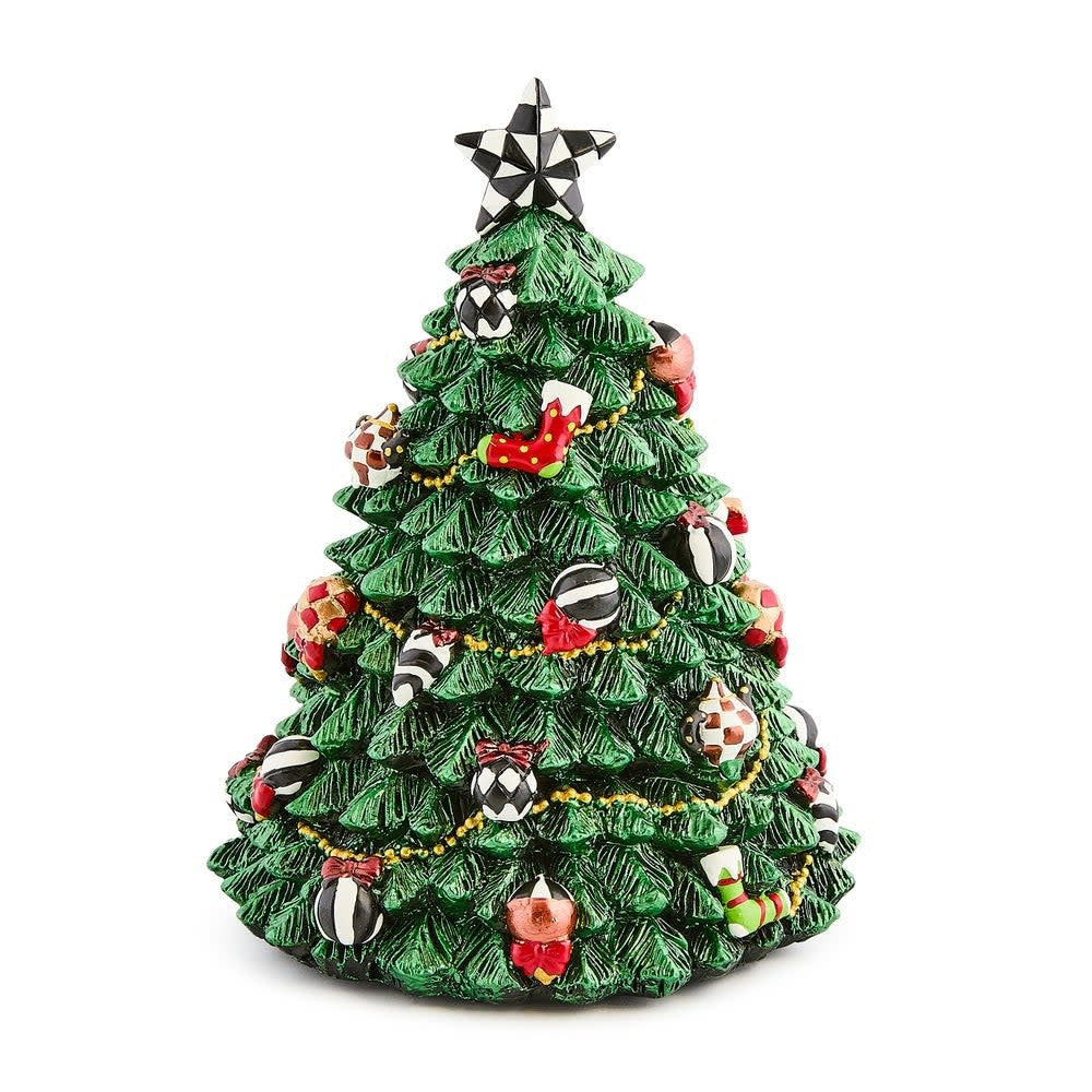 Resin rotating music box featuring a green Christmas tree with red ornaments on a cream base.
