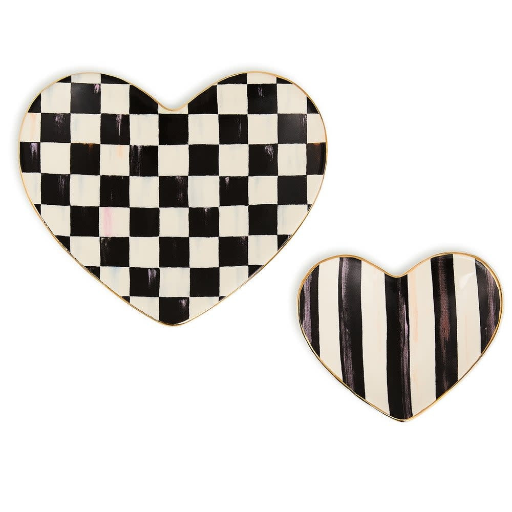 Two ceramic trinket dishes with a courtly heart decal pattern in neutral tones.