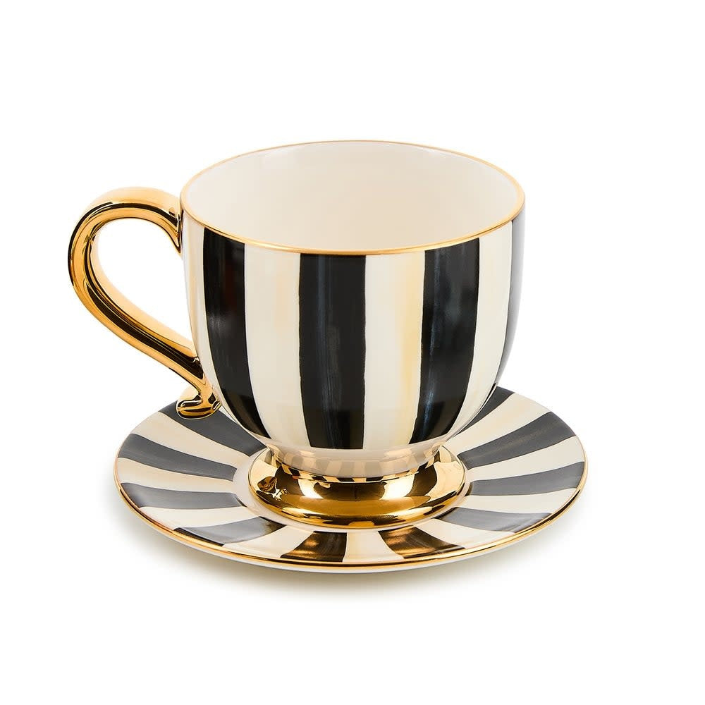 White new bone china cappuccino cup with saucer featuring a subtle striped pattern and classic silhouette.