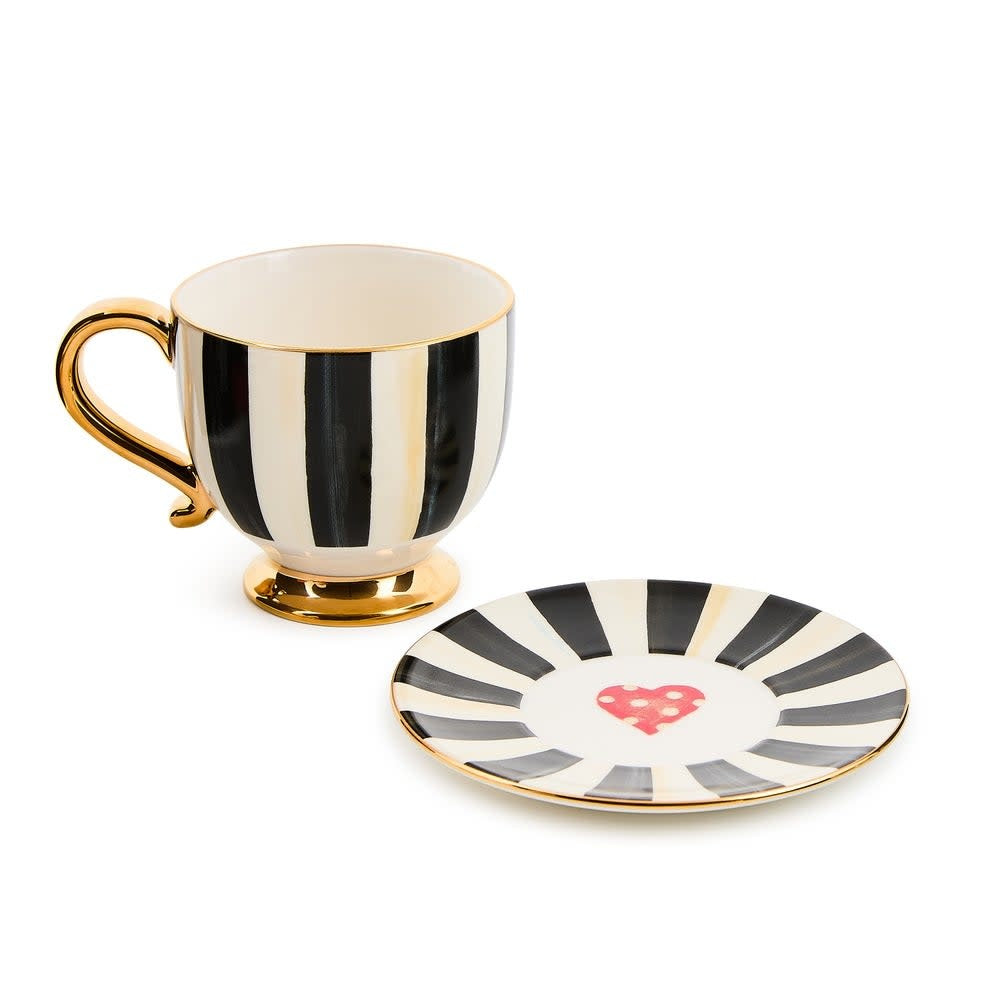 Courtly Stripe cappuccino cup in new bone china with a striped pattern on saucer
