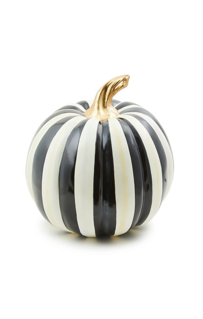 Glossy medium pumpkin with black-and-white Courtly Stripe pattern in polyresin
