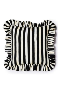 Courtly Stripe ruffle throw pillow with cotton shell in blue and white stripes.