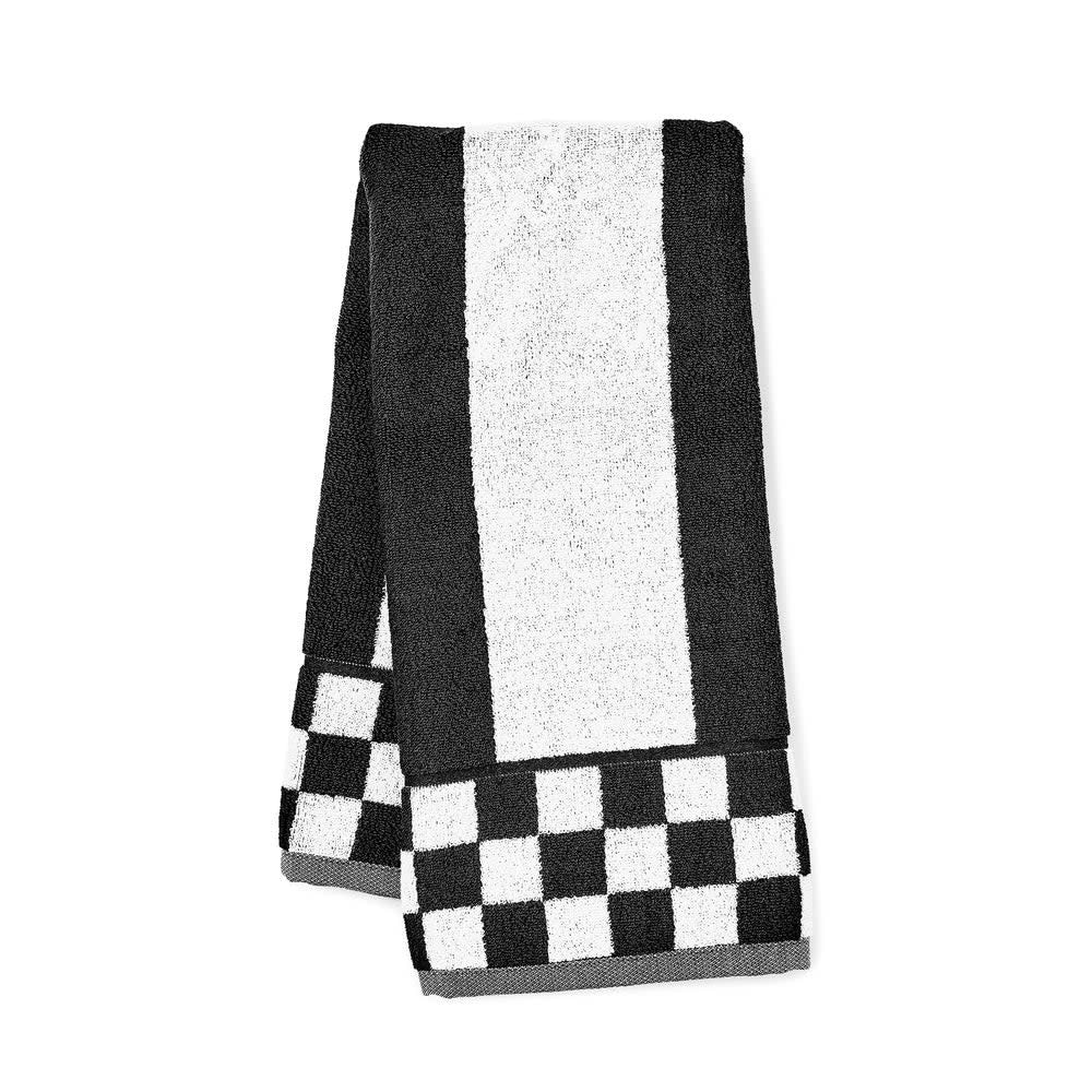Plush cotton hand towel with contrasting stripe pattern in blue and white.