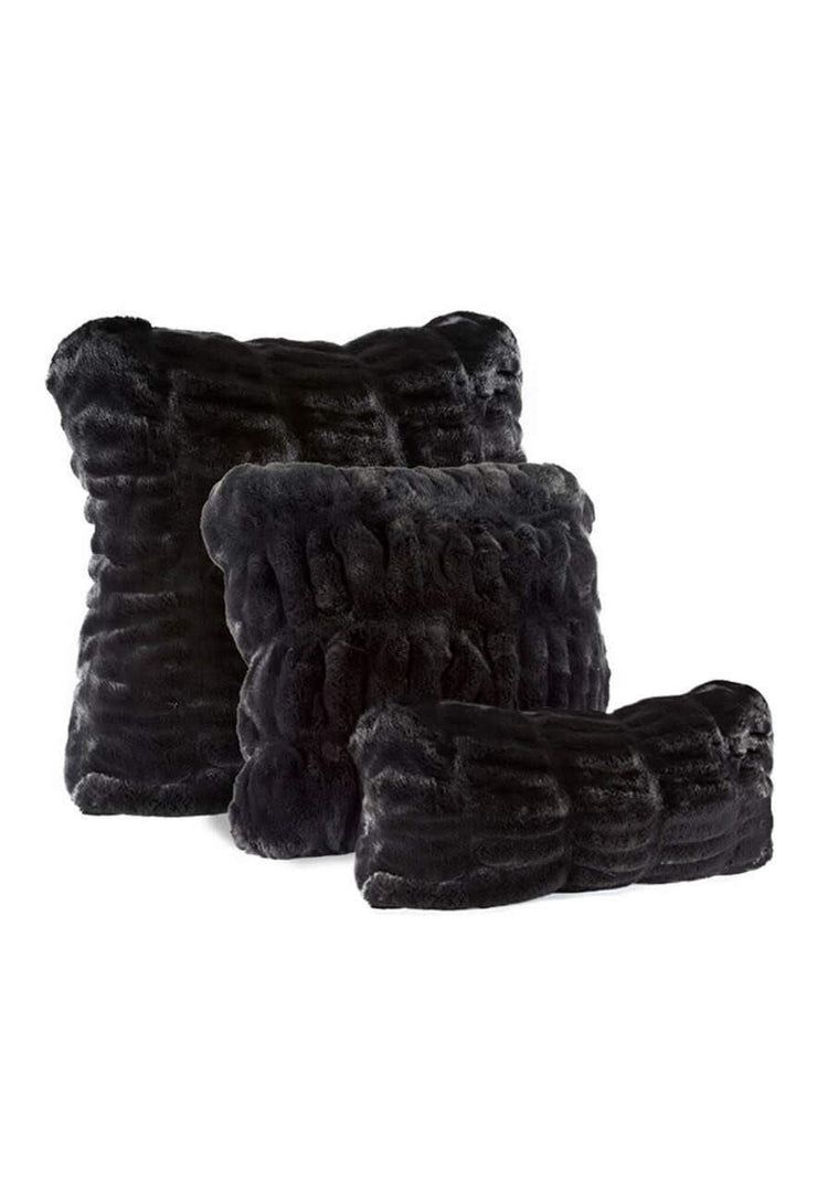 Square faux fur pillow in onyx black with ruched texture and zipper closure
