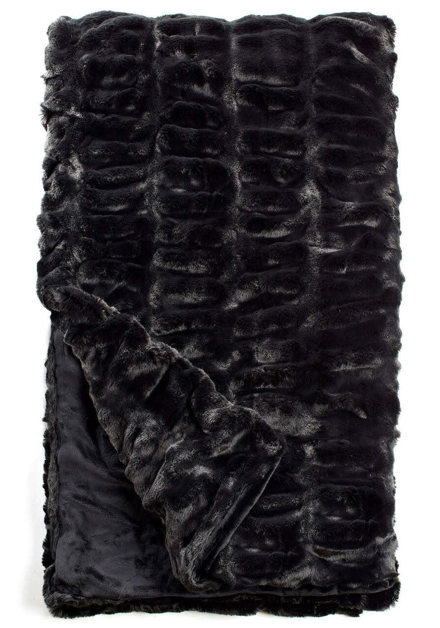 Ruched Onyx Mink faux fur throw blanket in rich black with polyester lining