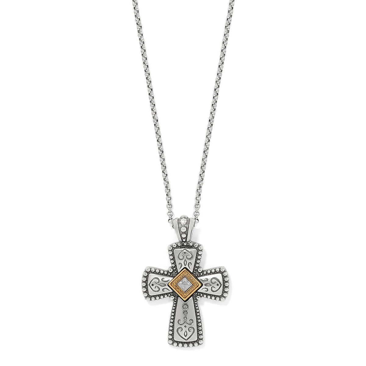 Silver-gold adjustable cross necklace pendant with fine quality crystals on a chain.