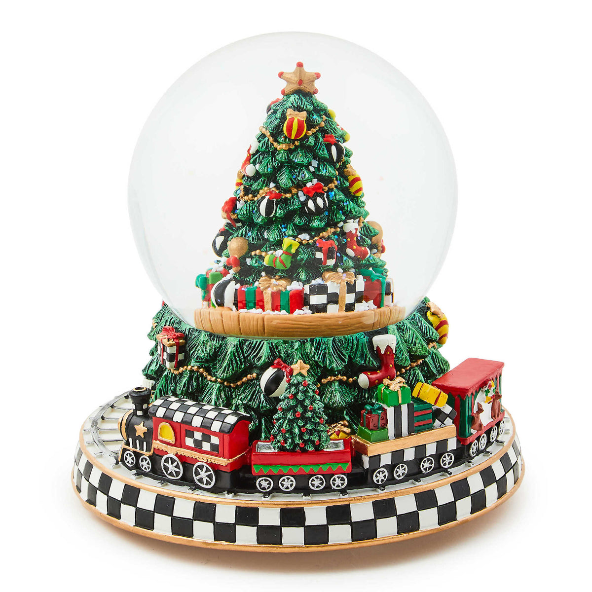 Resin snow globe with glass dome showing a decorated Christmas tree on checked base beside holiday train.