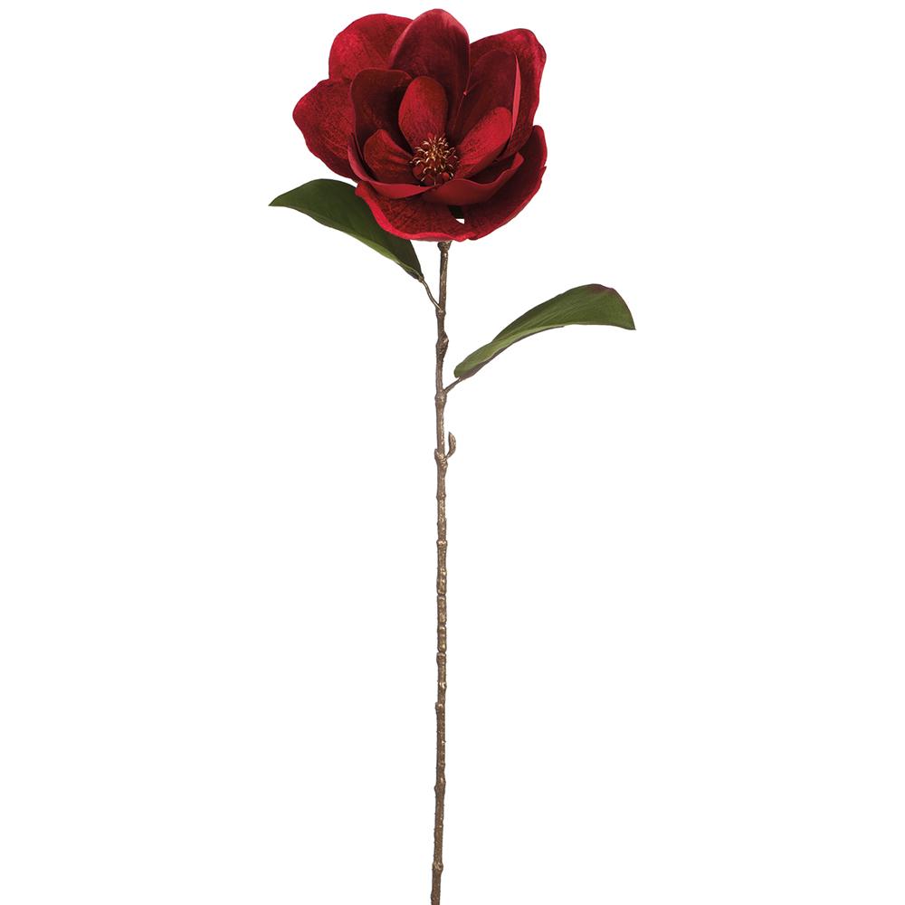 29-inch red shimmer velvet magnolia spray with a long brown stem and two green leaves.