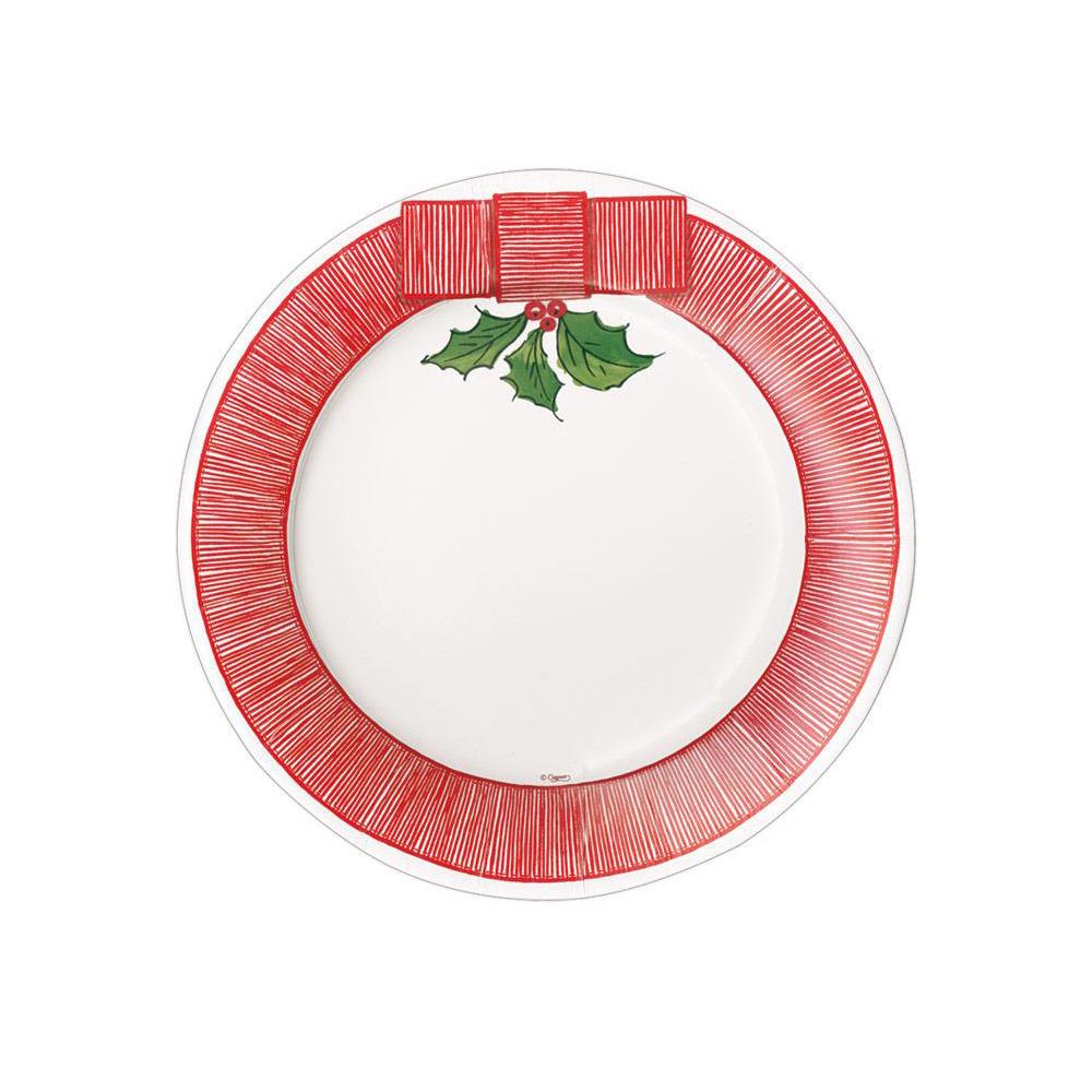Pack of eight red Christmas paper plates with white snowflake patterns.