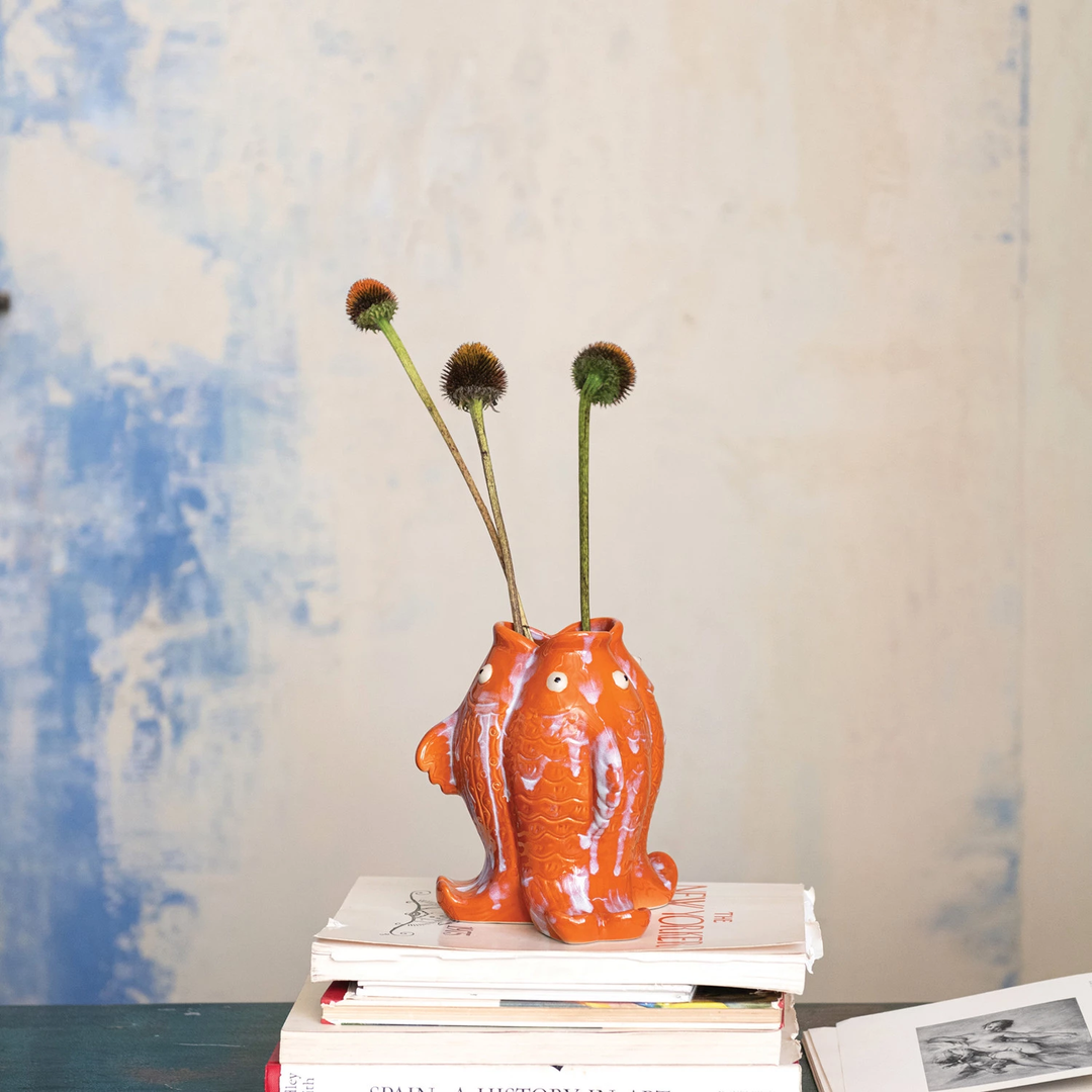 Stoneware Koi Fish Shaped Vase, Reactive Glaze