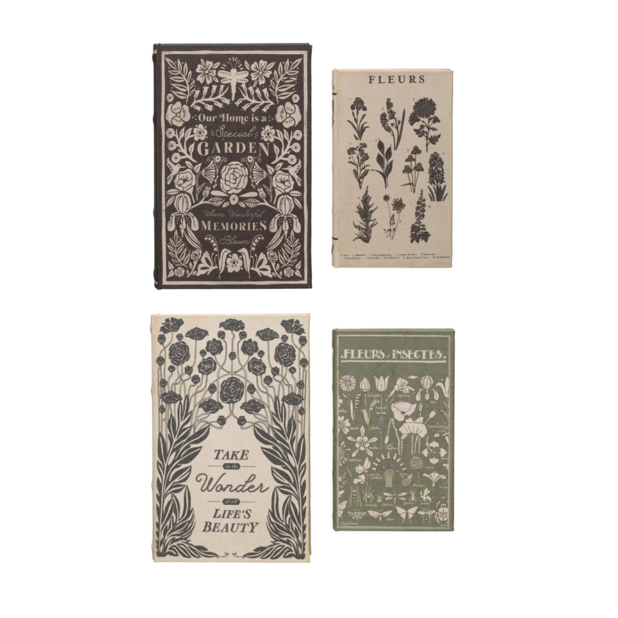 Set of four MDF and canvas book-shaped storage boxes with vintage floral and botanical designs.