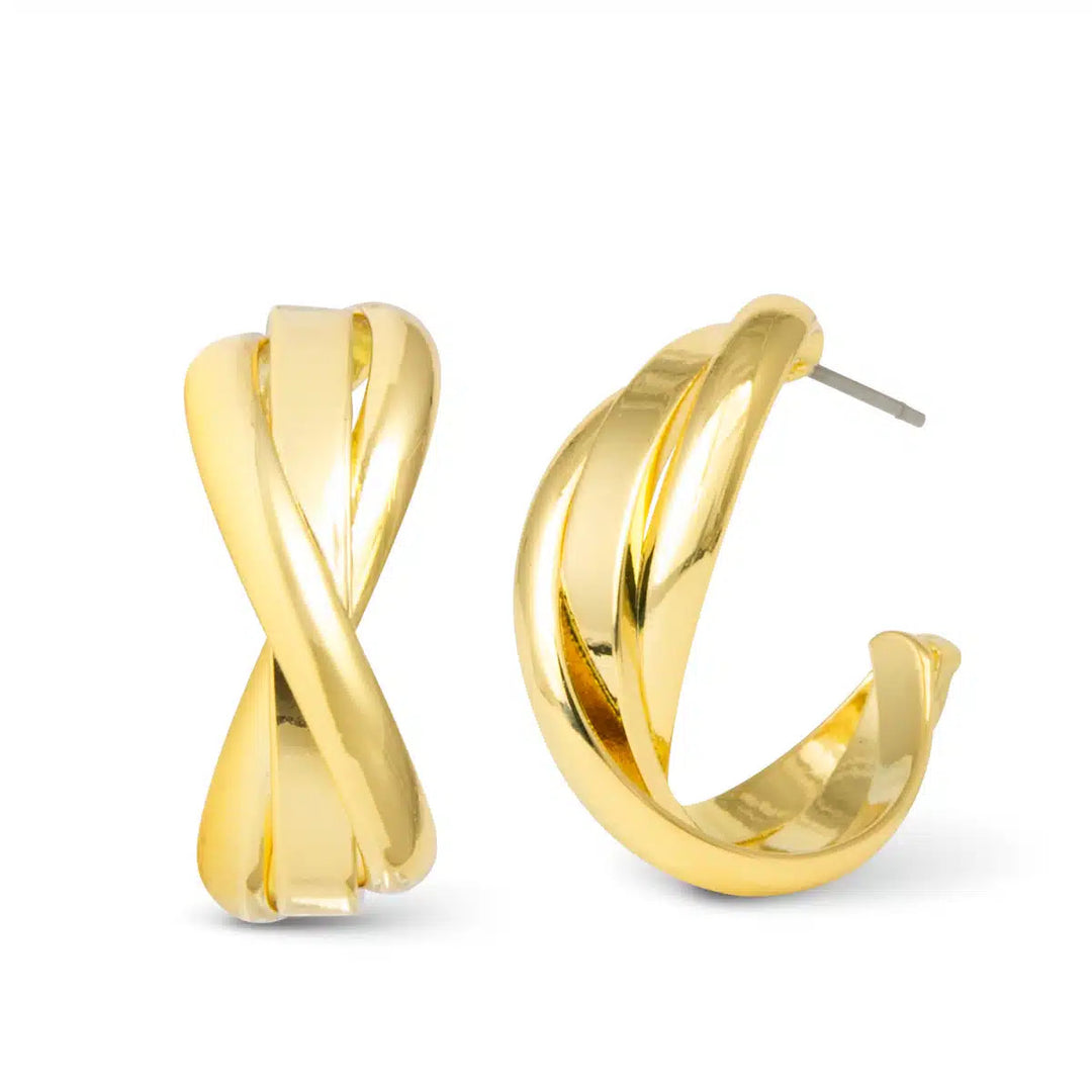 Grace Polished Twist Huggie Gold Earrings featuring a unique triple-band twisted design.