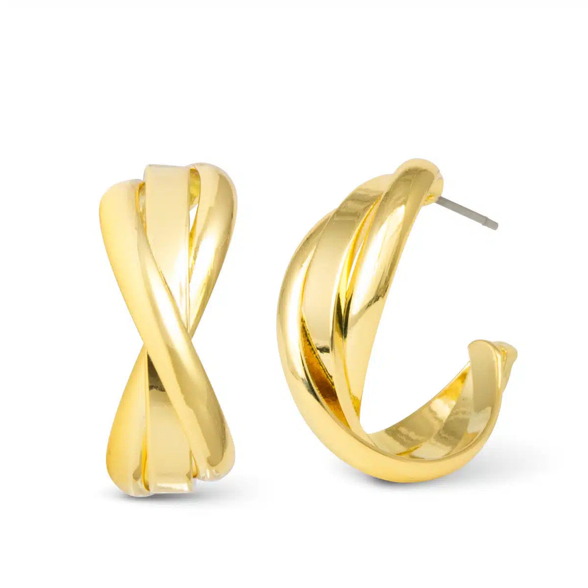 Grace Polished Twist Huggie Gold Earrings featuring a unique triple-band twisted design.