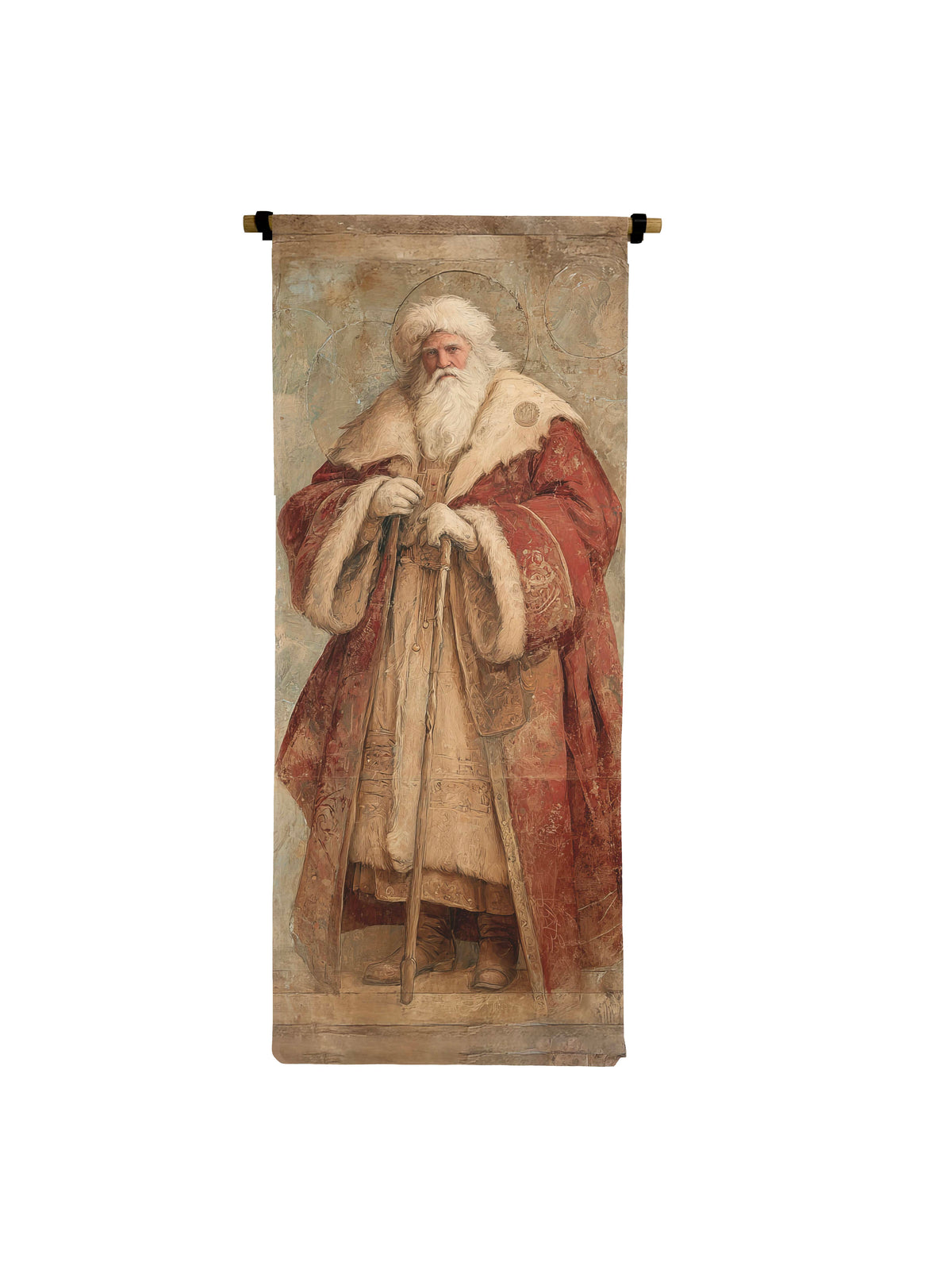 Old World Santa canvas scroll featuring a vintage-style illustration of Santa in a red fur-lined robe
