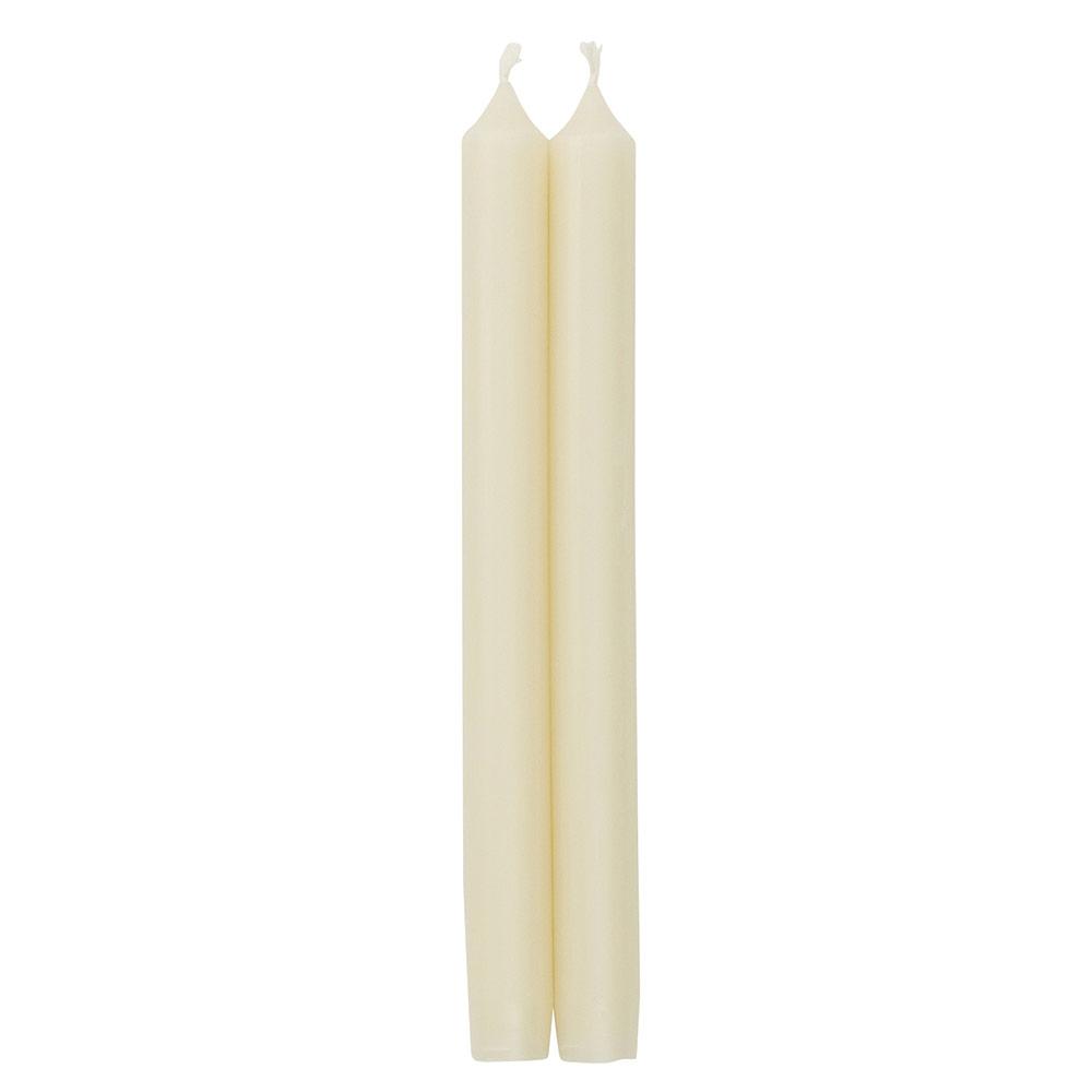 Pair of straight taper crown candles with tapered bottoms in a cellophane pack