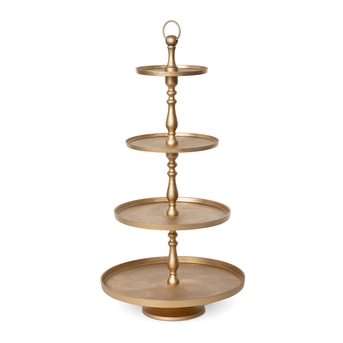 Antique gold aluminum four-tier display stand with square shelves.