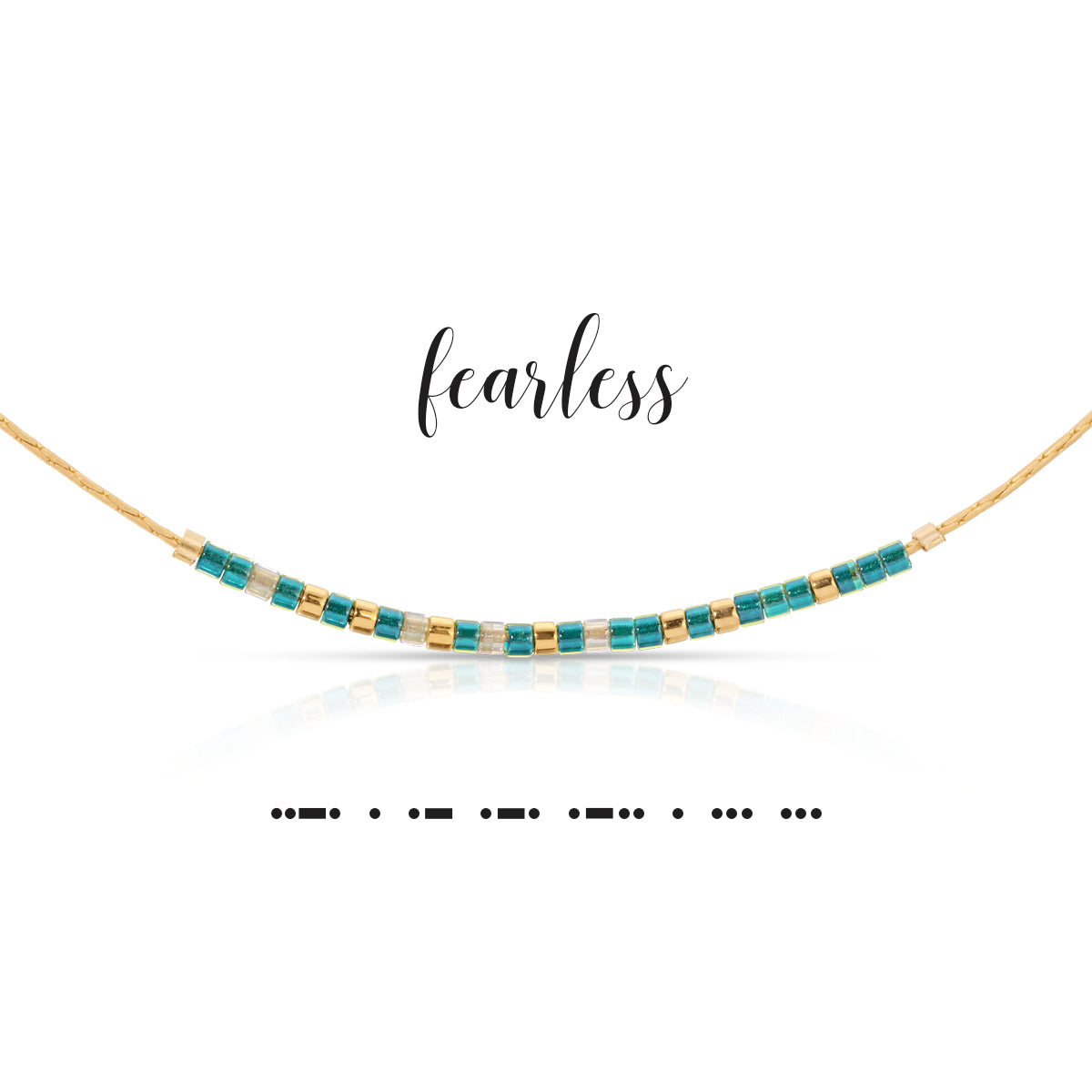 Emerald green shimmer necklace with iridescent cream accents featuring a Morse code pendant symbolizing courage.