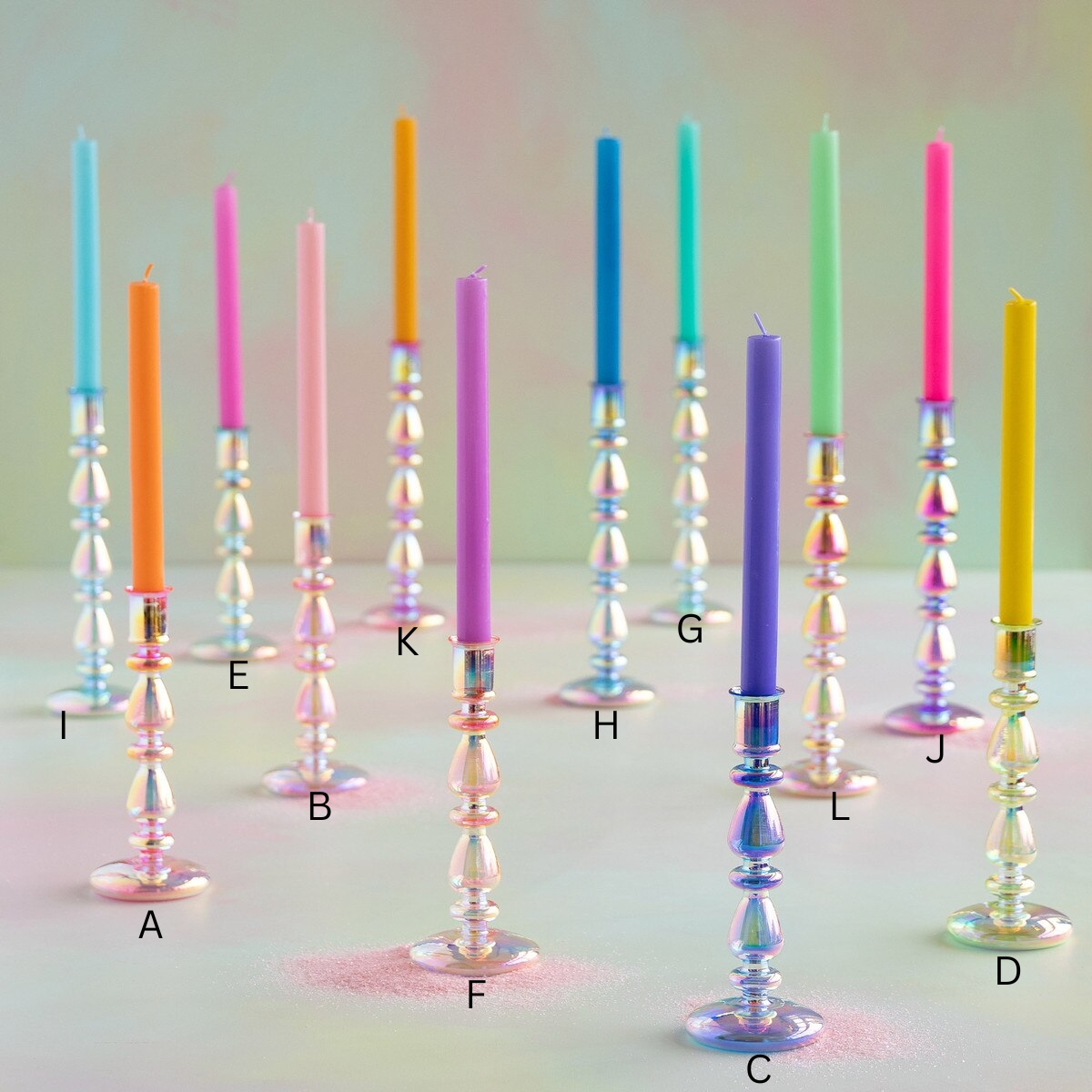 Glass taper candle holder with opalescent finish featuring a tapered cylindrical shape.