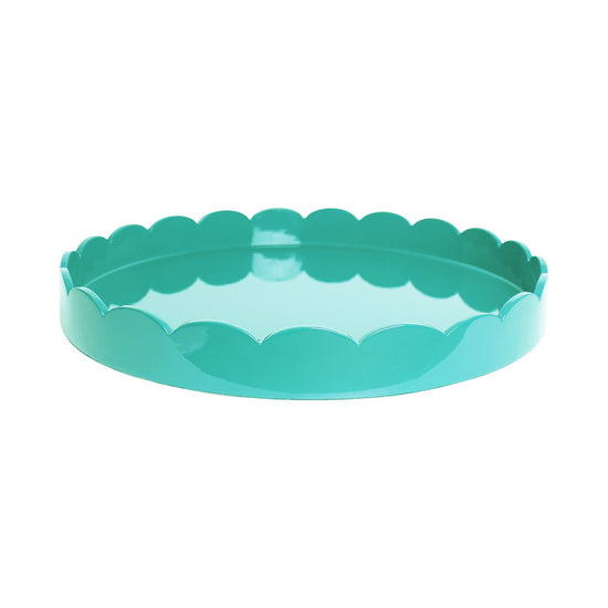 Turquoise lacquered round tray with scalloped edges