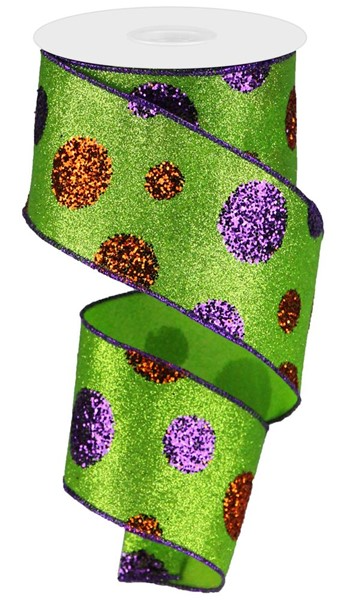 Lime green polka dot ribbon with purple dots on orange polyester background