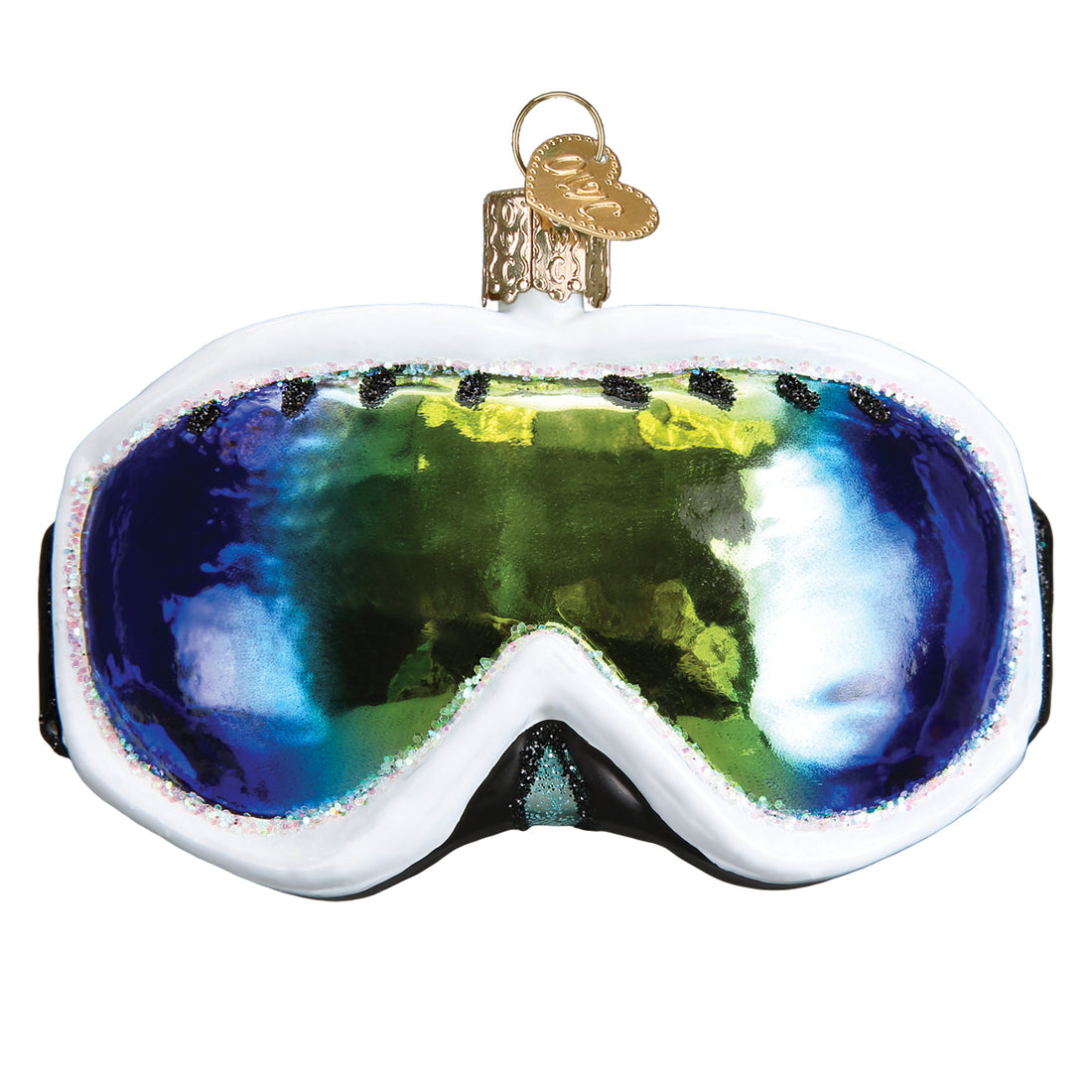 Glass ski goggles Christmas ornament with iridescent blue and green lenses and white glitter trim.