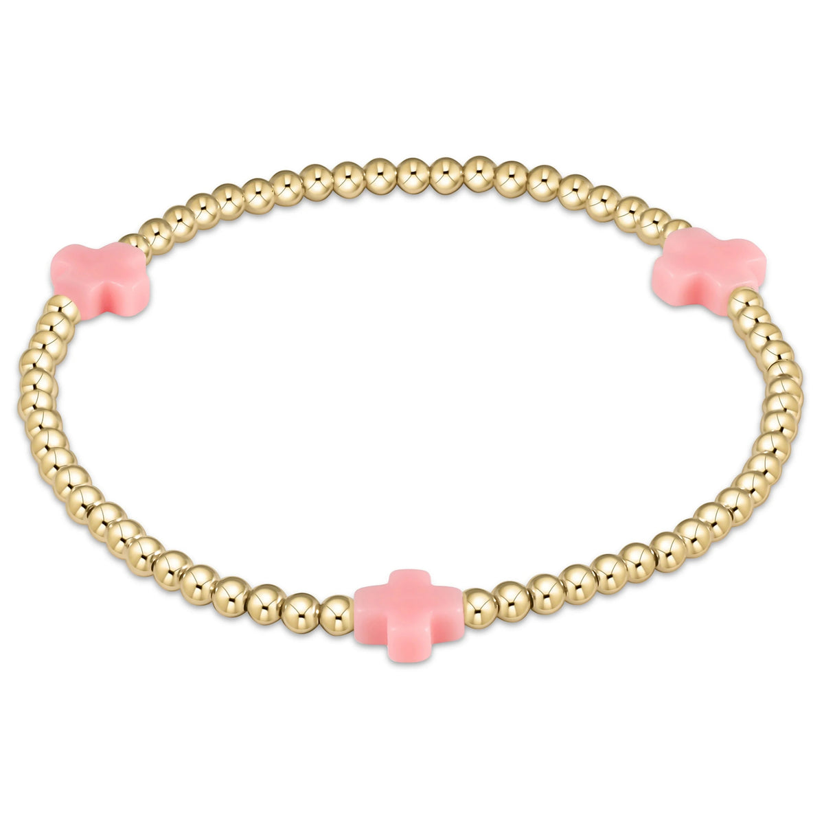Signature Cross 3mm gold-filled beaded stretch bracelet with three pink cross accents.