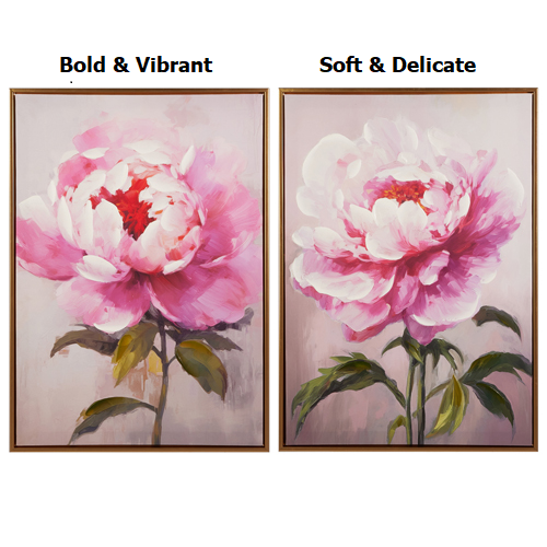 Pink peony floral wall art on canvas with a black frame.