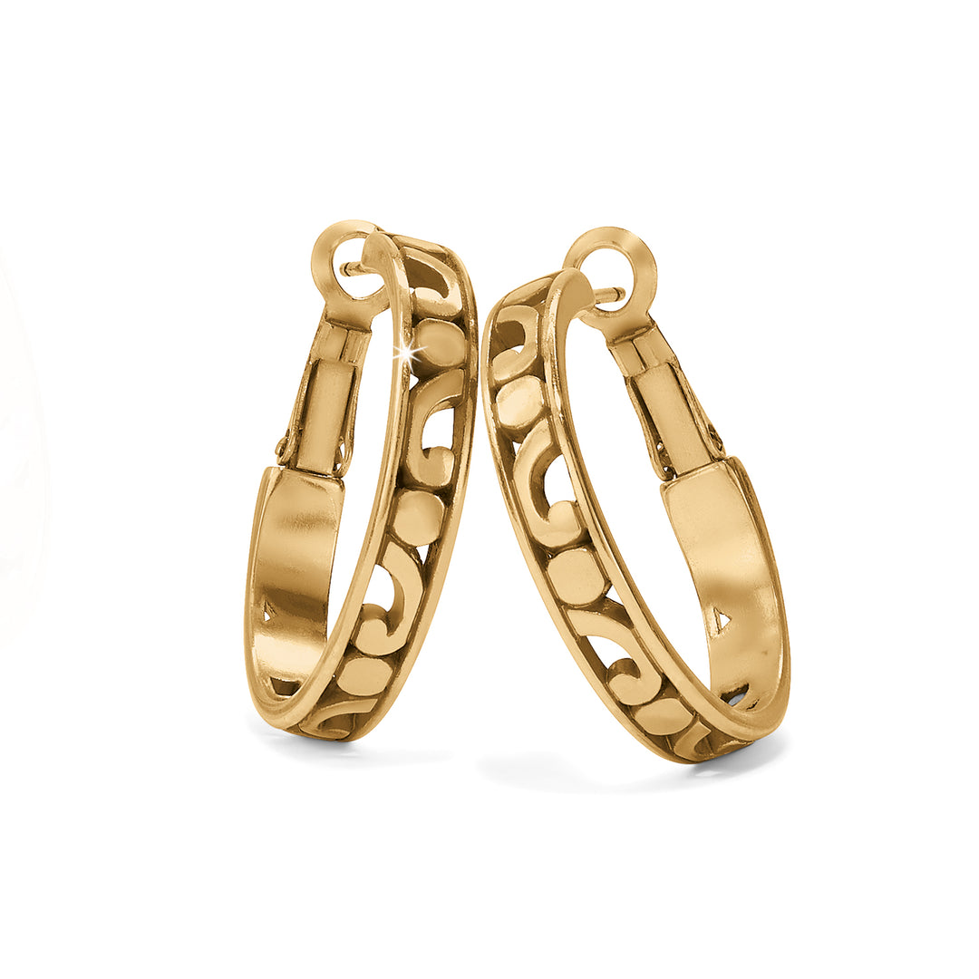 Contempo small gold-plated hoop earrings with an intricate cutout scroll pattern and lever backs.