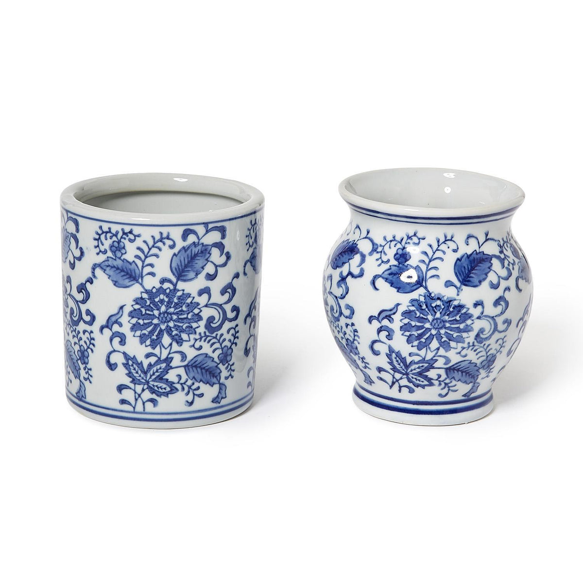 Two small hand-painted blue and white ceramic chinoiserie vases in cylindrical and bulbous shapes.