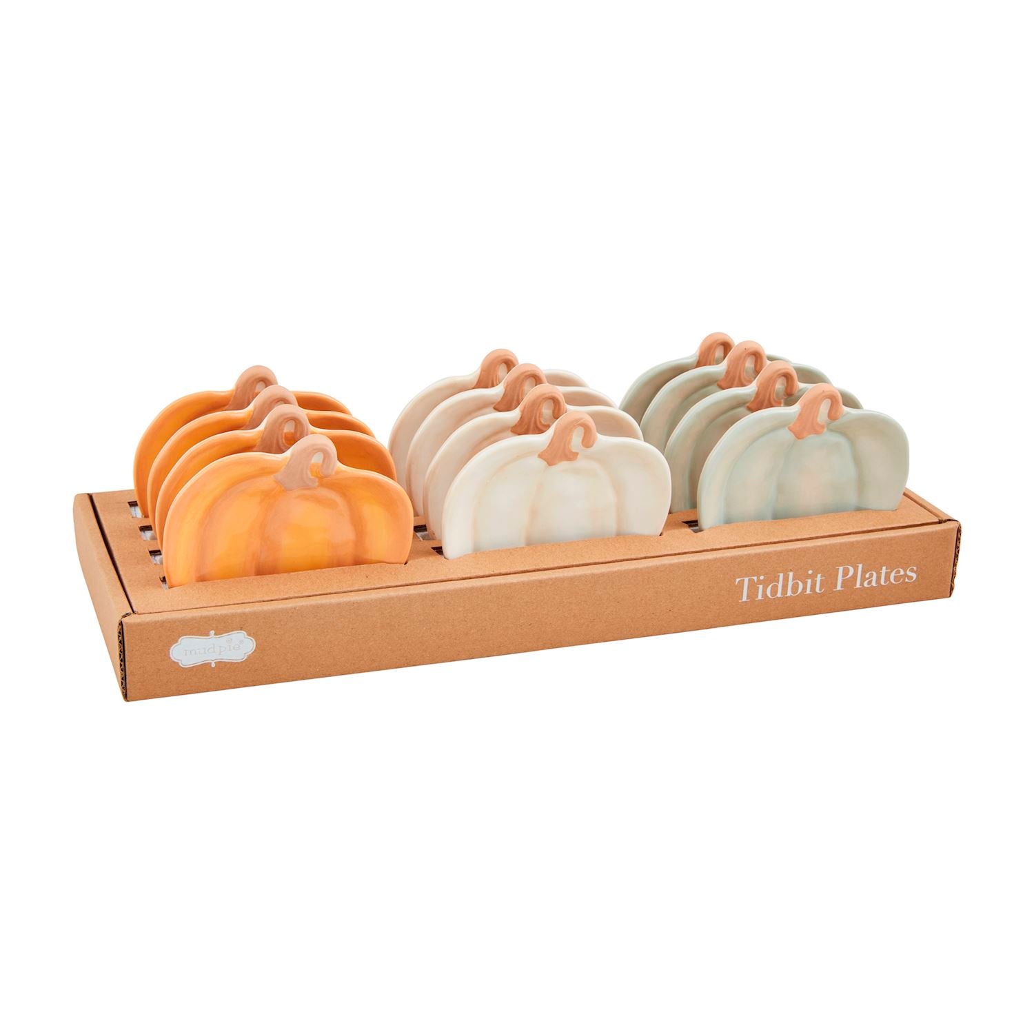Set of stoneware pumpkin-shaped tidbit plates in orange, white, and sage green in a display box.