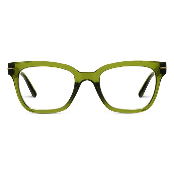 Buzzworthy square-shaped green translucent polycarbonate glasses with clear blue light lenses.